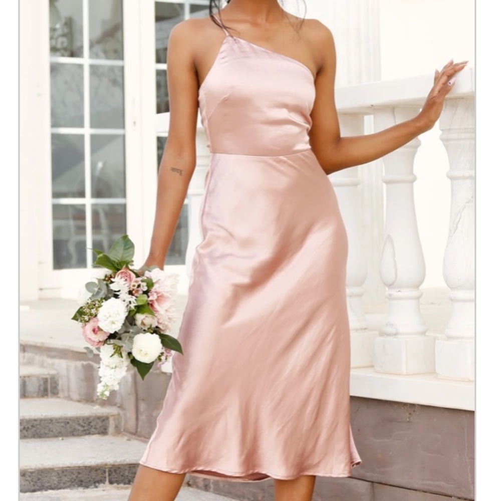 NWT BillyJ Kimbra Midi Dress Blush One shoulder Formal Wedding Guest